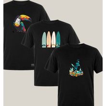Kit 3 Camisetas Masculinas Pretas Algodão Prime WSS Brasil: Dive, Toucan e Artistic Surf