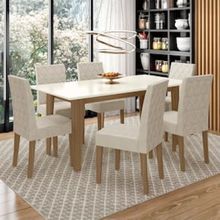 Mesa de Jantar Retangular Poliman Liz com 6 Cadeiras - 160cm de Largura - Carvalho/Branco/Off White