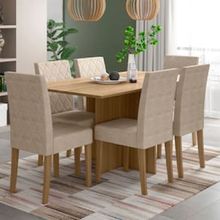 Conjunto de Mesa de Jantar Poliman Helo com 6 Cadeiras - 160 cm de Largura - Carvalho/Suede Bege