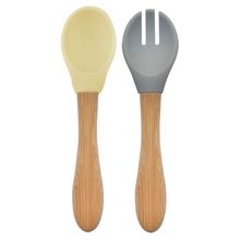 Colher e Garfo Silicone e Bambu Amarelo e Cinza - MinikOiOi