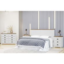 Conjunto Quarto: Cabeceira, Cômoda 8 Gavetas e 2 Mesas de Cabeceiras Branco/Freijó Topázio Madeira Pinus - Finestra