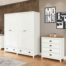 Conjunto Quarto: Guarda-Roupa 4 Portas, Cômoda 4 Gavetas Branco/Freijó Topázio Madeira Pinus - Finestra