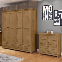 Conjunto Quarto: Guarda-Roupa 4 Portas, Cômoda 4 Gavetas Freijó Topázio Madeira Pinus - Finestra