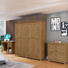 Conjunto Quarto: Guarda-Roupa 4 Portas, Escrivaninha, Cômoda 4 Gavetas Freijó Topázio Madeira Pinus - Finestra