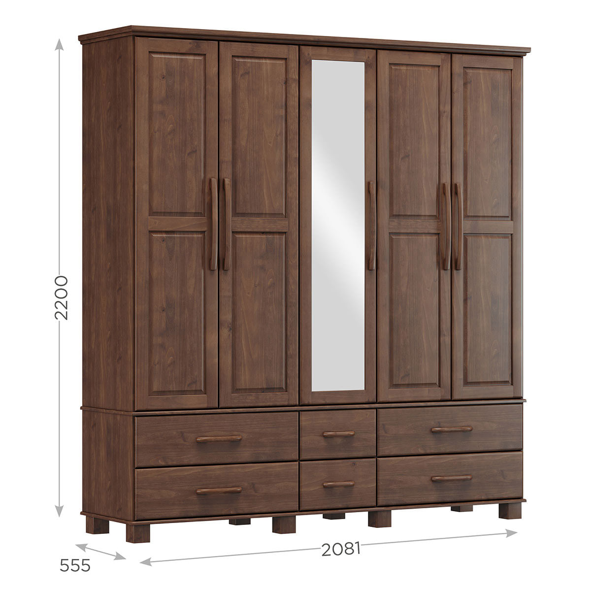 Conjunto Quarto: Guarda-Roupa Casal 5 Portas 6 Gavetas, Cômoda 4 Gavetas Café Ouro Madeira Pinus - Finestra