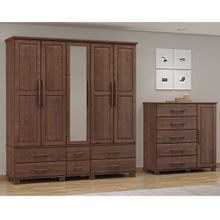 Conjunto Quarto: Guarda-Roupa 5 Portas, Cômoda Sapateira 5 Gavetas Café Ouro Madeira Pinus - Finestra