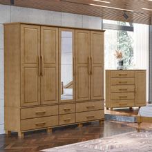Conjunto Quarto: Guarda-Roupa 5 Portas, Cômoda Sapateira 5 Gavetas Freijó Ouro Madeira Pinus - Finestra