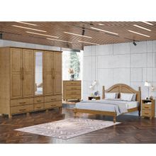 Conjunto Quarto: Guarda-Roupa 5 Portas Cama Casal Cômoda 4 Gavetas 2 Mesas Cabeceiras Freijó Ouro Madeira Pinus - Finestra