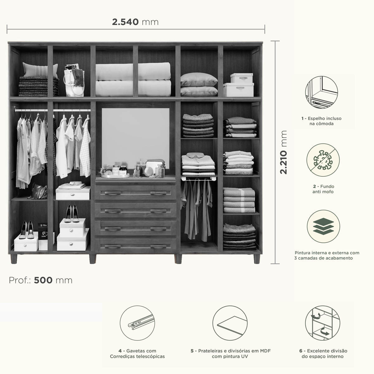 Guarda-Roupa 10 Portas 4 Gavetas Freijó Capelinha Madeira Pinus