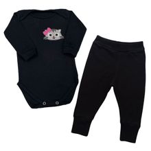Conjunto Bebê Body + Calça Gatinha Laço Pink Manga Longa