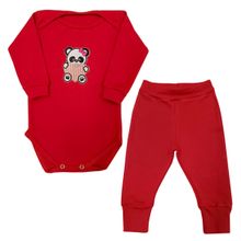 Conjunto Body Bebê Panda Coração Manga Longa + Calça