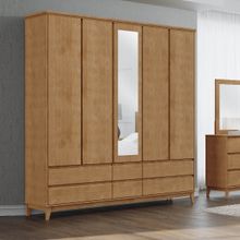Guarda-Roupa Casal 5 Portas Espelhos 6 Gavetas Freijó Prata Madeira Pinus com MDF - Finestra