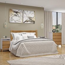 Conjunto Quarto: Cama Casal Queen Cômoda 4 Gavetas 2 Mesas Cabeceiras Off White/Freijó Prata Madeira Pinus - Finestra