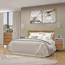 Conjunto Quarto: Cama Casal Cômoda 4 Gavetas 2 Mesas Cabeceiras Off White/Freijó Prata Madeira Pinus - Finestra
