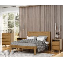 Conjunto Quarto: Cama Casal Queen Cômoda 4 Gavetas 2 Mesas Cabeceiras Freijó Prata Madeira Pinus - Finestra