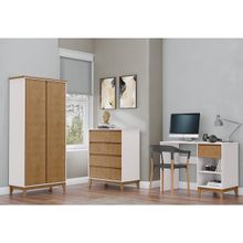 Conjunto Quarto: Guarda-Roupa 2 Portas Cômoda 4 Gavetas, Escrivaninha Off White/Freijó Prata Madeira Pinus - Finestra