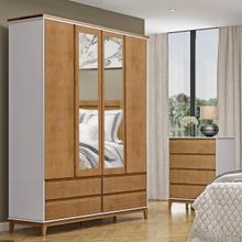 Conjunto Quarto: Guarda-Roupa 4 Portas 4 Gavetas Cômoda 4 Gavetas Off Whitre/Freijó Prata Madeira Pinus - Finestra