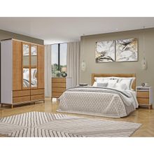 Conjunto Quarto: Guarda-Roupa 4 Portas Cama Casal Cômoda 2 Mesas Cabeceiras Off White/Freijó Prata Madeira Pinus - Finestra