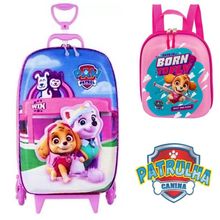 Kit Mochila 3D Com 6 Rodinhas + Lancheira Patrulha Canina Pet Shop Rosa - Diplomata