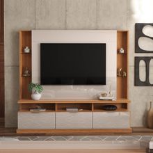 Estante Home para TV até 70 Polegadas 3 Portas Prateleiras Vidro e Rodízio Bilbao Jequitibá/Off White - Lukaliam