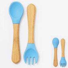 KIT TALHER INFANTIL DE BAMBU E SILICONE AZUL - PETIT PIÁ
