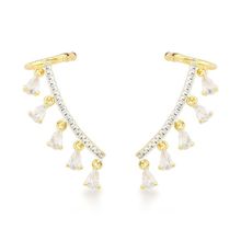 Brincos Earcuff Banhados a Ouro 18k com Elegantes Zircônias Cristais Pendentes