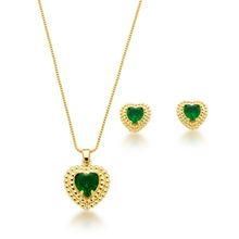 Conjunto Colar e Brincos Coração Verde Escuro Banhado a Ouro 18k