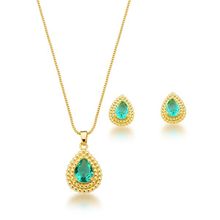 Conjunto Colar e Brincos Gota Verde Claro Banhado a Ouro 18k