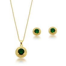 Conjunto Colar e Brincos Redondo Verde Escuro Banhado a Ouro 18k