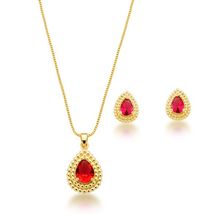 Conjunto Colar e Brincos Gota Vermelho Banhado a Ouro 18k
