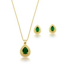 Conjunto Colar e Brincos Gota Verde Escuro Banhado a Ouro 18k
