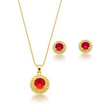 Conjunto Colar e Brincos Redondo Vermelho Banhado a Ouro 18k