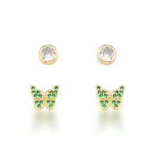 Brinco Dupla Borboleta Verde e ponto de luz Banhado a Ouro 18k