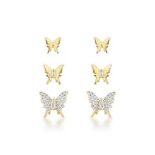 Trio de Brincos Borboleta - Elegância com Banho de Ouro 18K e Detalhes Brilhantes
