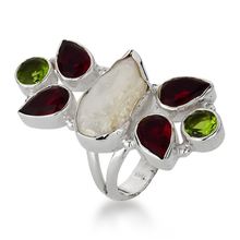 Anel Retangular com Perola Barroca, Rubi Indiano e Peridoto em Prata 925