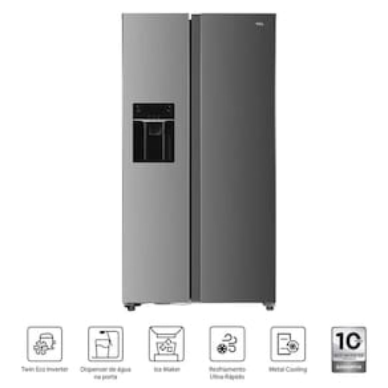 Geladeira TCL Side by Side C516SBIMN Twin Eco Inverter Frost Free 516L, Dispenser de Água na Porta, Metal Cooling, Painel Digital com 2 Portas