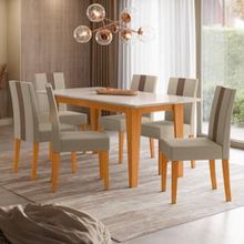 Mesa de Jantar Retangular Poliman Goya com 6 Cadeiras Estofadas e Revestidas em Suede - Freijó/Off White