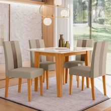 Mesa de Jantar Retangular Poliman Belle com 4 Cadeiras Estofadas e Revestidas em Suede – Freijó/Off White