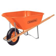 Carrinho Mão Tramontina Caçamba Extrafunda Plástica Laranja 110 L, Braço Madeira Pneu Câmara Tramontina