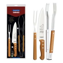 Jogo Churrasco Tramontina Aço Inox Cabos Madeira Natural 3 Peças Tramontina