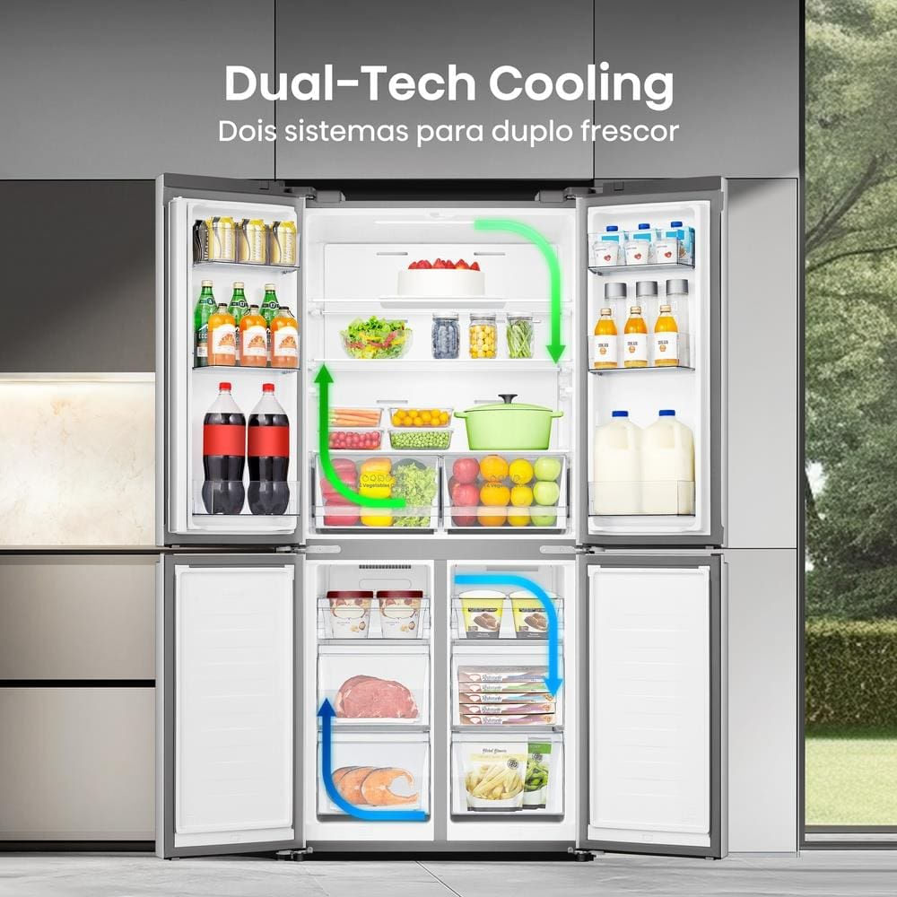 Encontraproduto.com.br - Geladeira 456L Hisense RQ5P470 Side By Side Multi Door Inverter Wi-Fi Metal Cooling Prateleiras de Vidro Inox