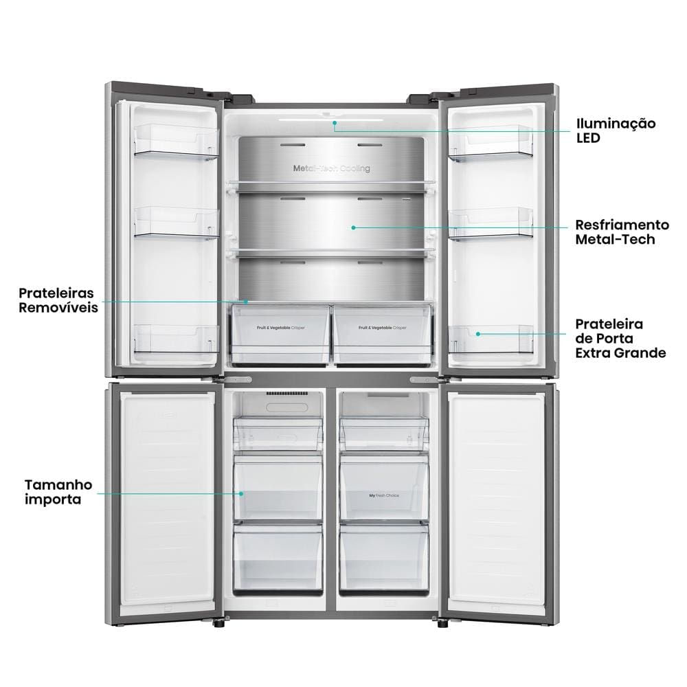 Encontraproduto.com.br - Geladeira 456L Hisense RQ5P470 Side By Side Multi Door Inverter Wi-Fi Metal Cooling Prateleiras de Vidro Inox