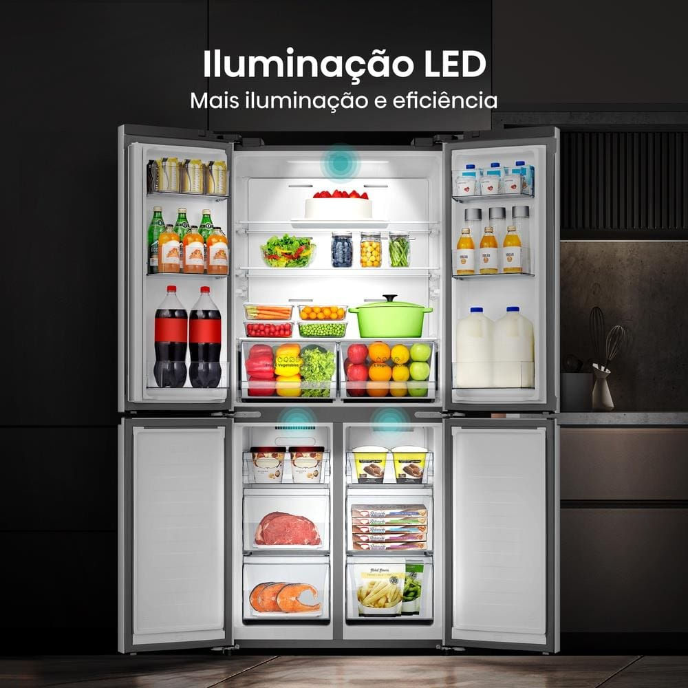 Encontraproduto.com.br - Geladeira 456L Hisense RQ5P470 Side By Side Multi Door Inverter Wi-Fi Metal Cooling Prateleiras de Vidro Inox