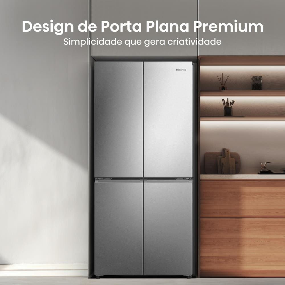 Encontraproduto.com.br - Geladeira 456L Hisense RQ5P470 Side By Side Multi Door Inverter Wi-Fi Metal Cooling Prateleiras de Vidro Inox