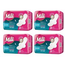 Absorvente Feminino Fluxo Intenso Suave C/ABAS Noturno MILI 4 Pacotes de 8 Unidades
