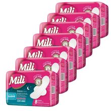 Absorvente Feminino Fluxo Intenso Suave C/ABAS Noturno MILI  7 Pacotes de 8 Unidades