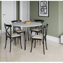 Conjunto De Mesa Elen Preto Com Tampo Redondo Branco 110 Cm Com 4 Cadeira Katrina Preto Assento Bege