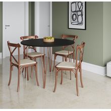 Conjunto De Mesa Elen Cobre Com Tampo Redondo Preto 110 Cm Com 4 Cadeira Katrina Cobre Assento Bege