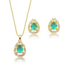 Conjunto Colar e Brincos Com Zirconia Gota Verde Claro Banhada a Ouro 18k