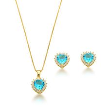 Conjunto Colar e brincos Coração  Zirconia Azul Banhado a Ouro 18k